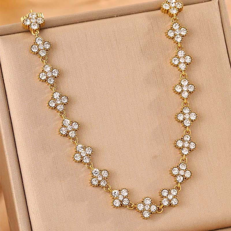Colorful Diamond Four-Leaf Clover Jewelry Set - Necklace, Bracelet & Earrings for Women