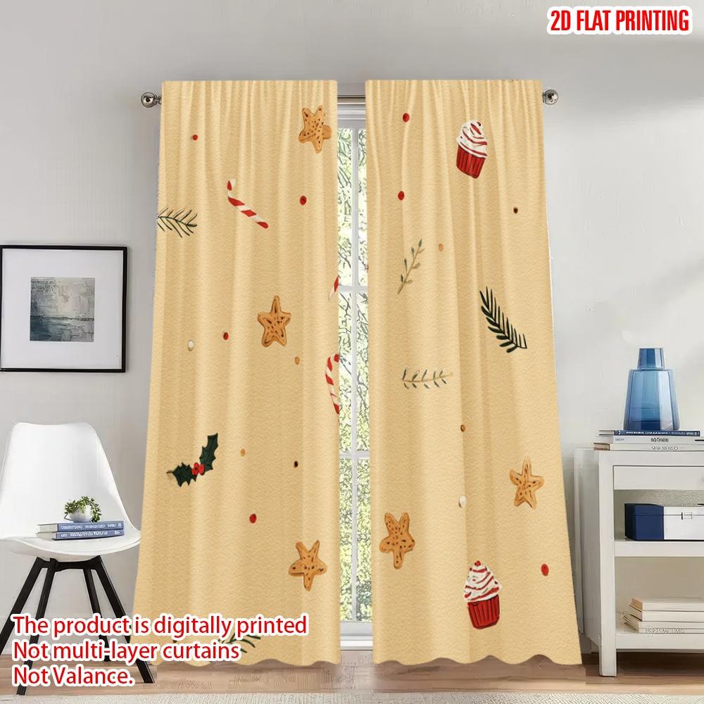 

Set Of 2 Flat Printing Popular Christmas Curtains Star Candy Holly Cupcake Digital Printed Polyester Drapes Festive Made W100*H70(CM)-Grommet top&1PCS
