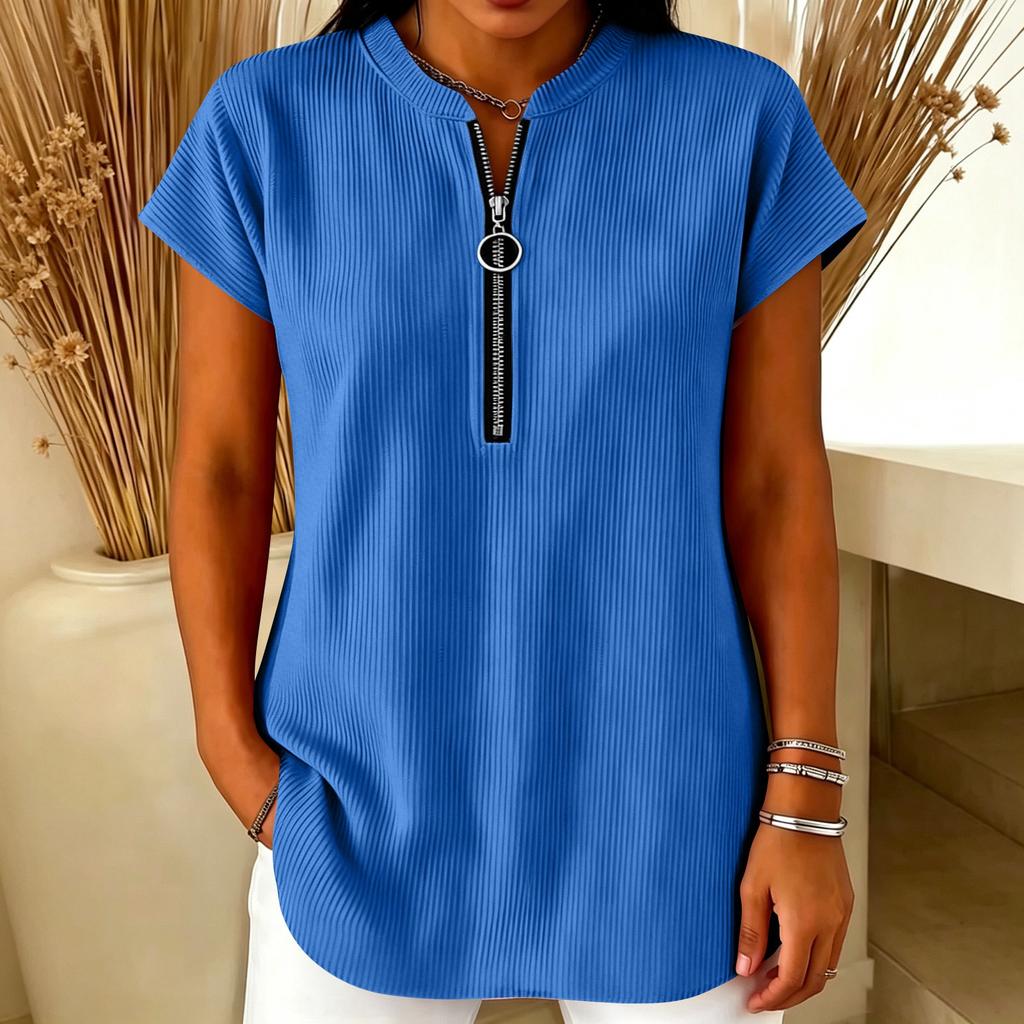 Women's Casual Ribbed Short Sleeve Top with Round Neck and Front Zipper Detail Relaxed Fit Tunic Shirt for Everyday Wear
