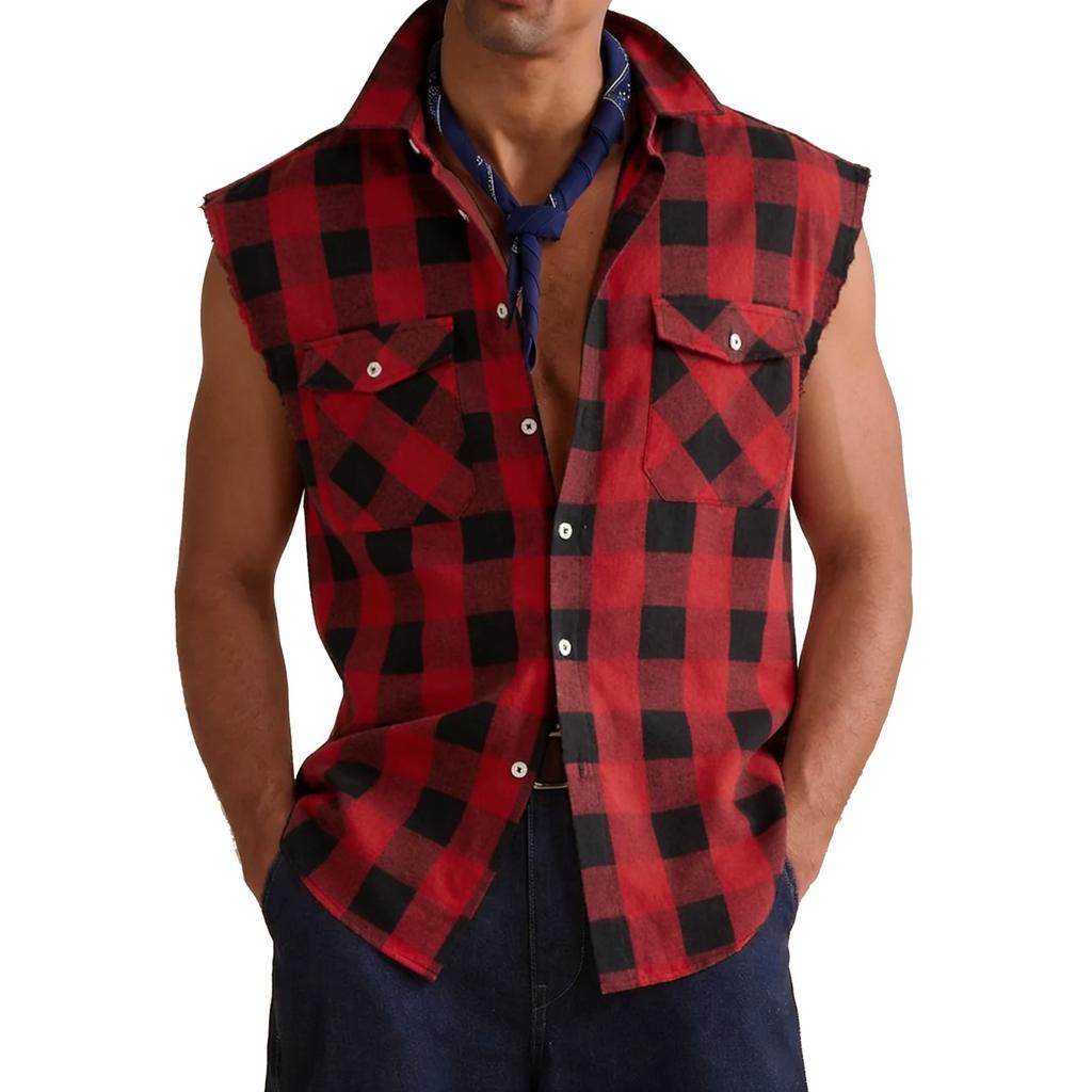 Camicia a quadri senza maniche con bottoni da uomo, vestibilità classica, camicia in flanella a quadri Buffalo con tasche sul petto e giromaniche a taglio vivo