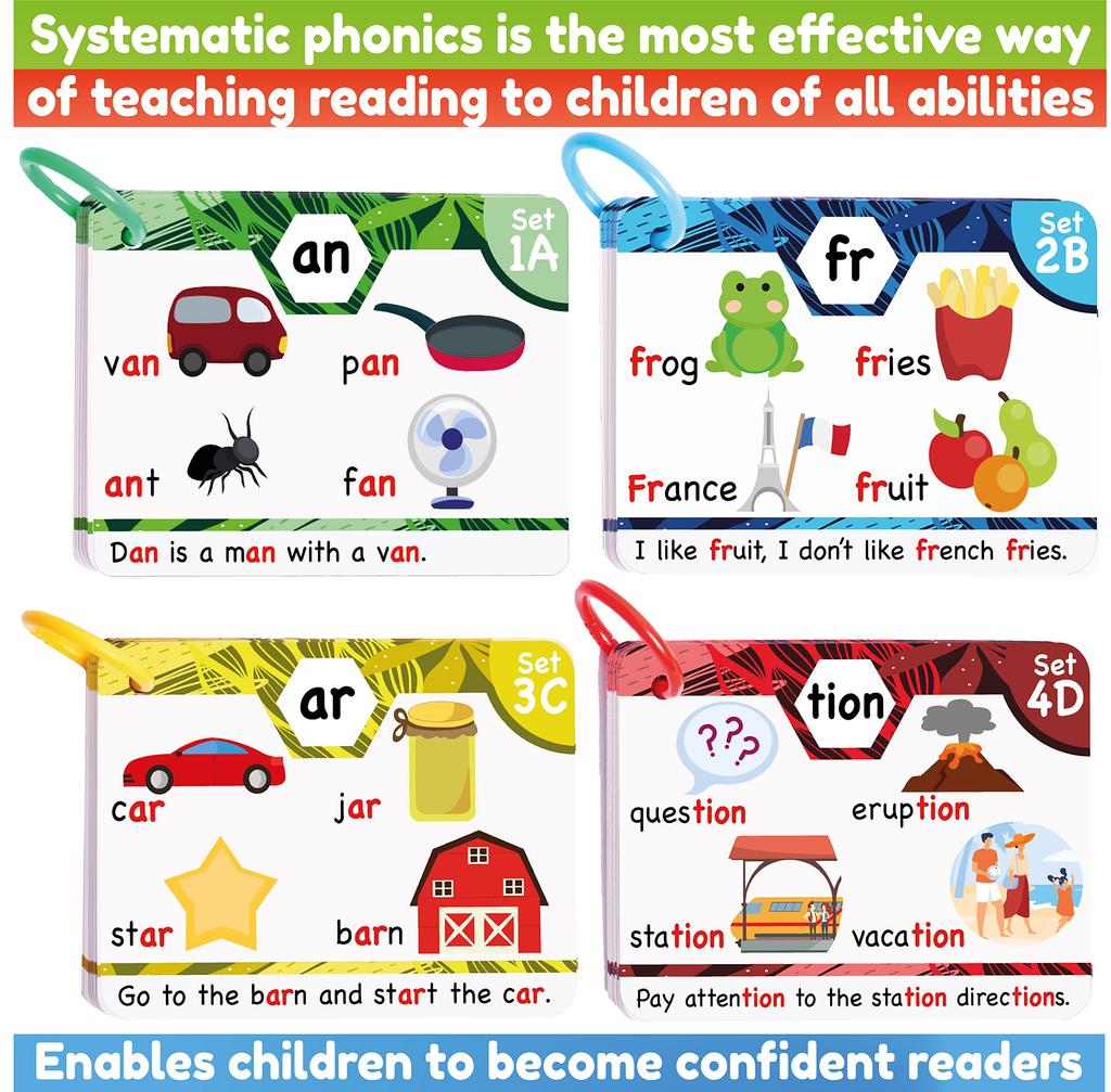Phonics Flash Cards - Learn To Read In 20 Steps - Digraphs, CVC Blends, Long Vowels - Games for Kids Ages 4-8, Kindergarten, Grade 1, Grade 2,