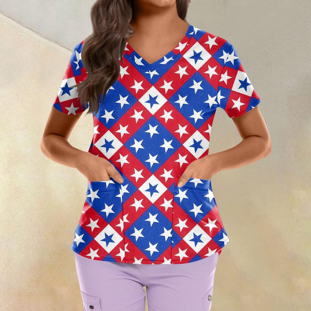 Topuri Uniformă de Lucru Scrub Imprimate Mărimi Mari Pentru Femei Gât în V Încrucișat Imprimeu Ziua Independenței Mânecă Scurtă Tricouri Amuzante Tricou de Lucru cu Buzunare