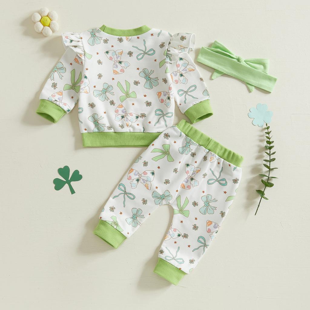 Toddler Girl Irish Outfits Bow Clover Print Crew Neck Long Sleeve Tops Long Pants Headband 3Pcs Clothes Set
