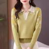 Women's New Autumn Fashion Knitted Long-sleeved Lapel Print Loose Versatile Casual Top