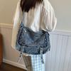 Denim Shoulder Bag With Studs And Love Buzz Print For Women