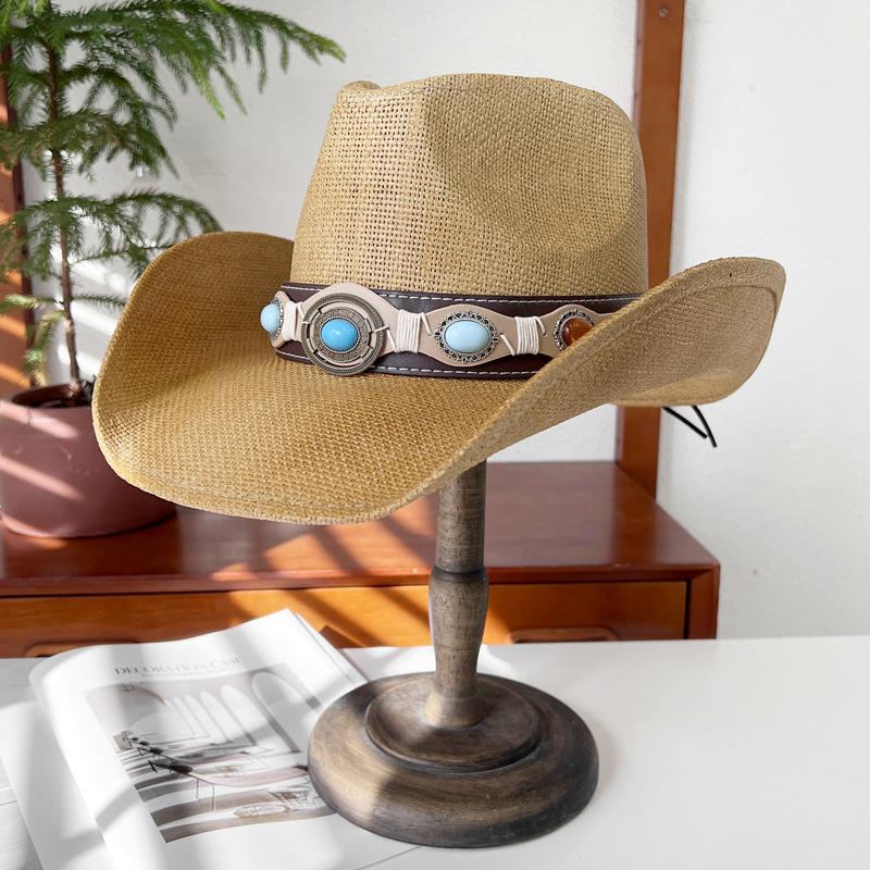 Western cowboy style straw hat for women, summer wide-brimmed hiking sun hat, ethnic style knight hat, men's sun protection hat