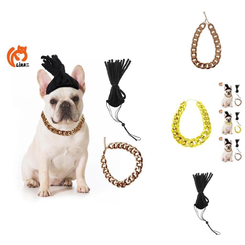 Stylish Pet Gold Chain Necklace With Funky Dog Dreadlock Wig Perfect For Halloween And Christmas Celebrations