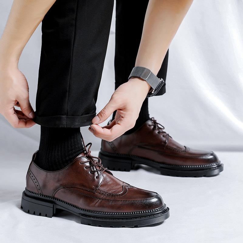 2026 New Leather Shoes for Young Men British Brock Formal Business Increase Casual Black Wedding Groom Lace-up Men's Shoes