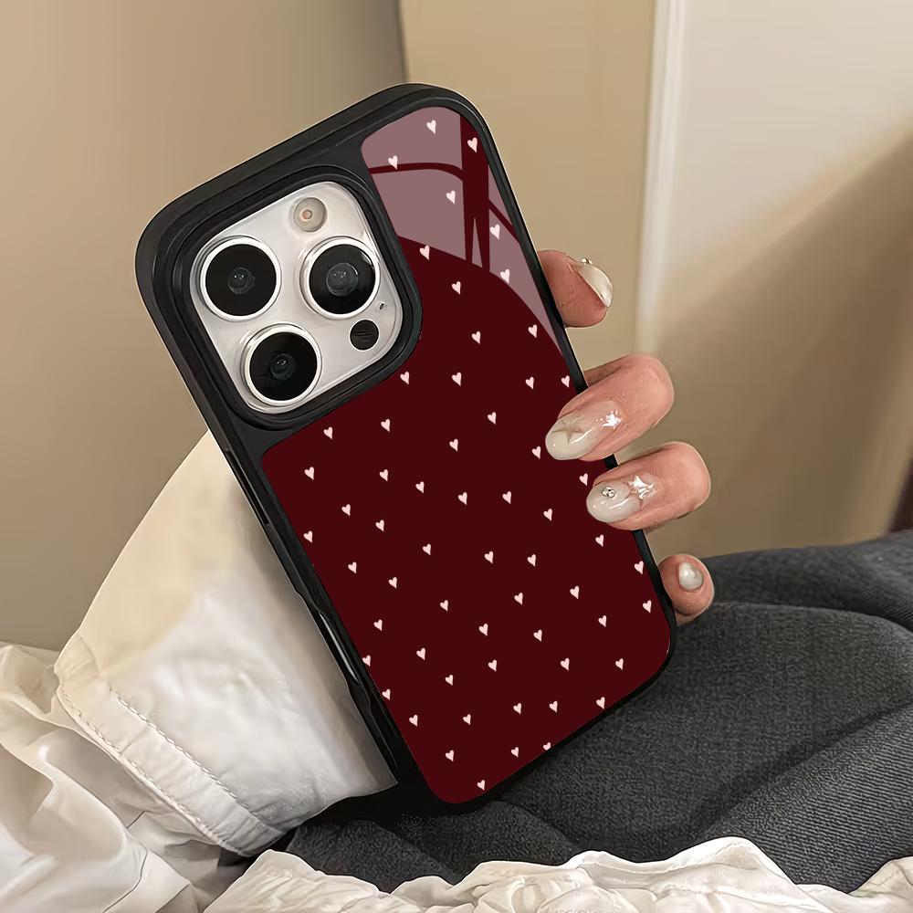 Wine Red Little Love Glass Phone Case Suitable for iPhone 17 16 15 14 13 12 11 Pro/Max/Plus Anti Drop and Anti Shock Back Cover