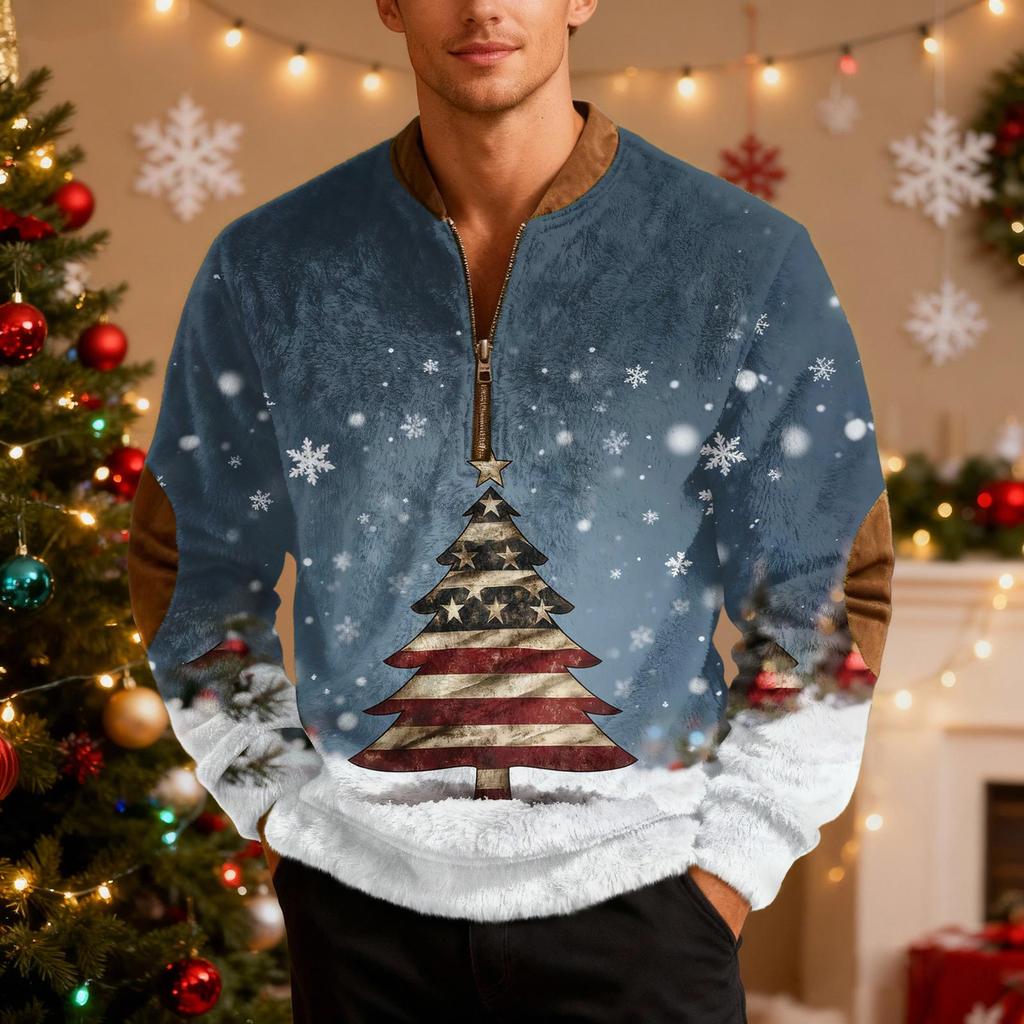 Mens Christmas Sweater Zip Up Sweatshirts Vintage Knit Graphic Sweatshirt Xmas Stand Collar Pullover