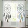 Cortinas de tul con plumas dibujadas a mano y atrapasueños para sala de estar, cocina, ventanas, decoración del hogar, cortinas transparentes para dormitorio de niños