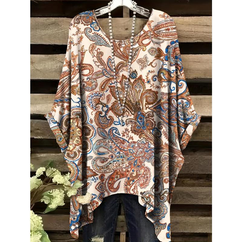 

Богемна Квіткова Туніка Великого Розміру Жіноча Богемна Квіткова Принтована Футболка-Туніка з Коротким Рукавом Круглим Вирізом Повсякденний Топ Яскравий 2025 5XL