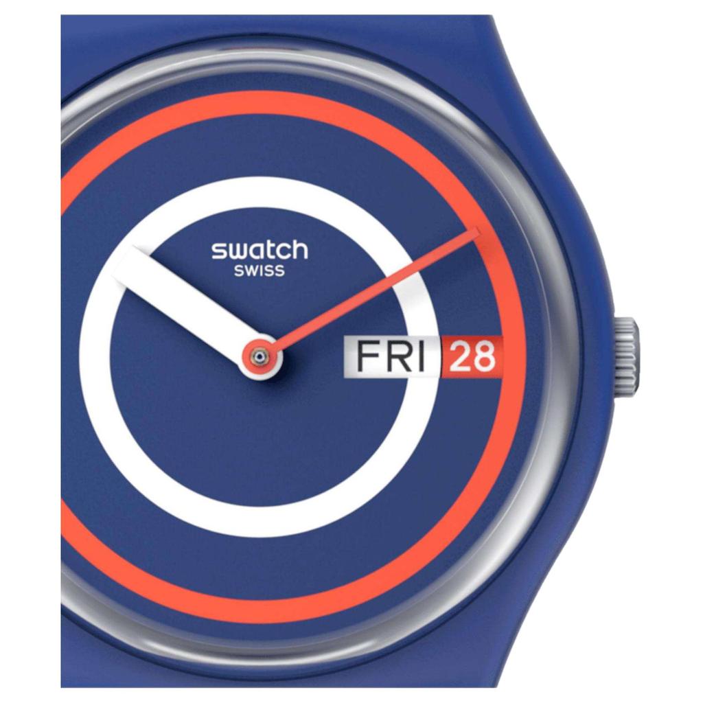 SWATCH Gent Series Quartz Movement Minimalist Blue Unisex Swiss Watch 34mm Black Dial Biosource Material Case Silicone Strap SO28N703