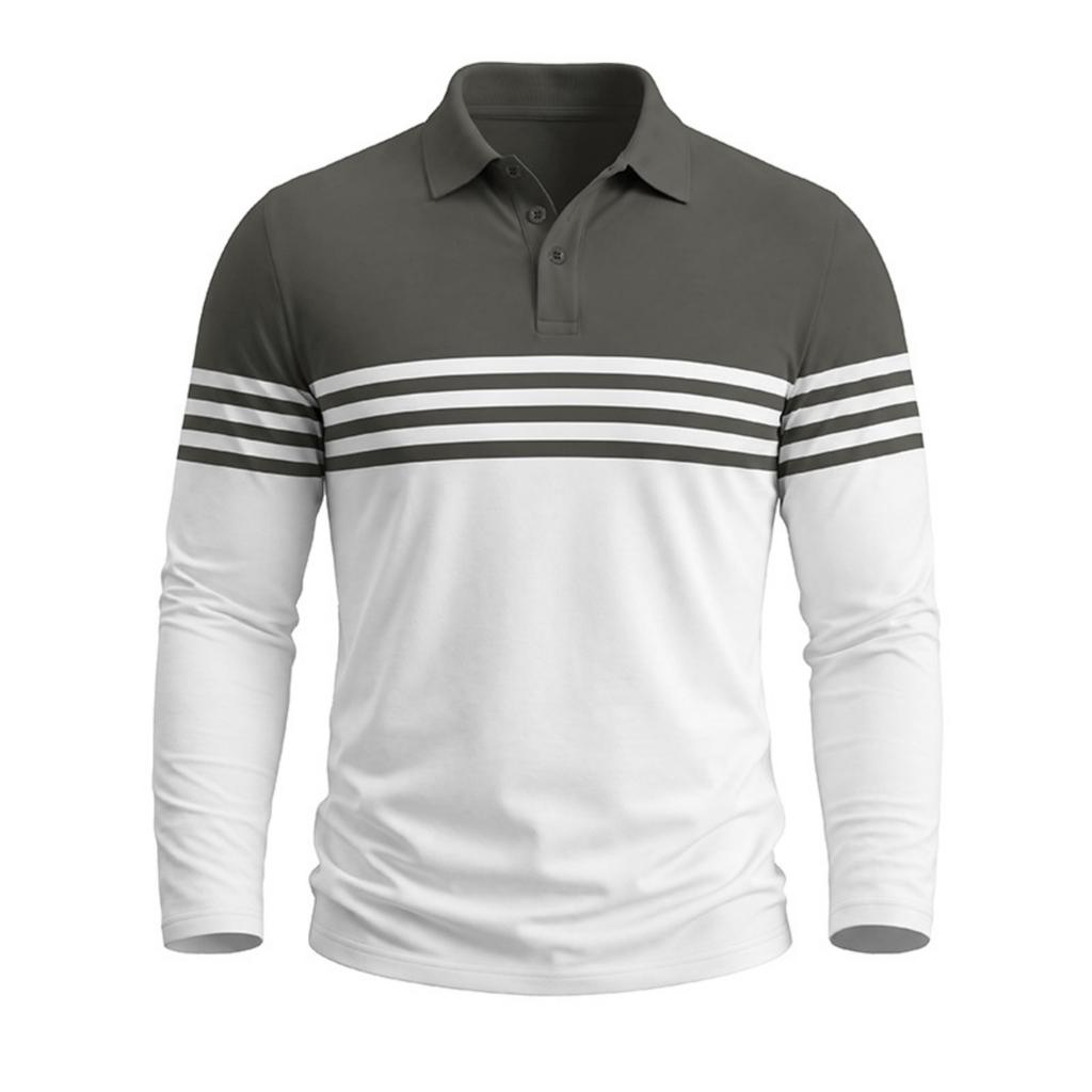 Men's Long Sleeve Striped Color Block T-Shirt with Collar for Casual Layering