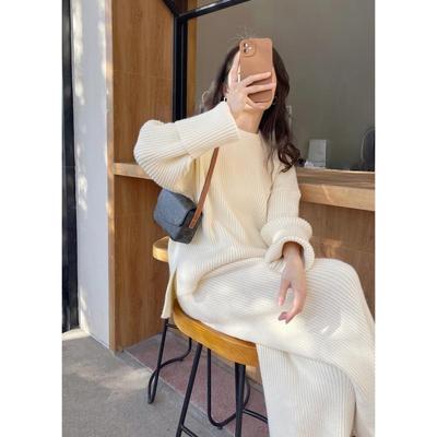 Rice White Gentle Style Temperament Knitted Suit Women's Autumn and Winter New Style Lazy Style Wide-leg Pants Sweater Lazy Two-piece Set