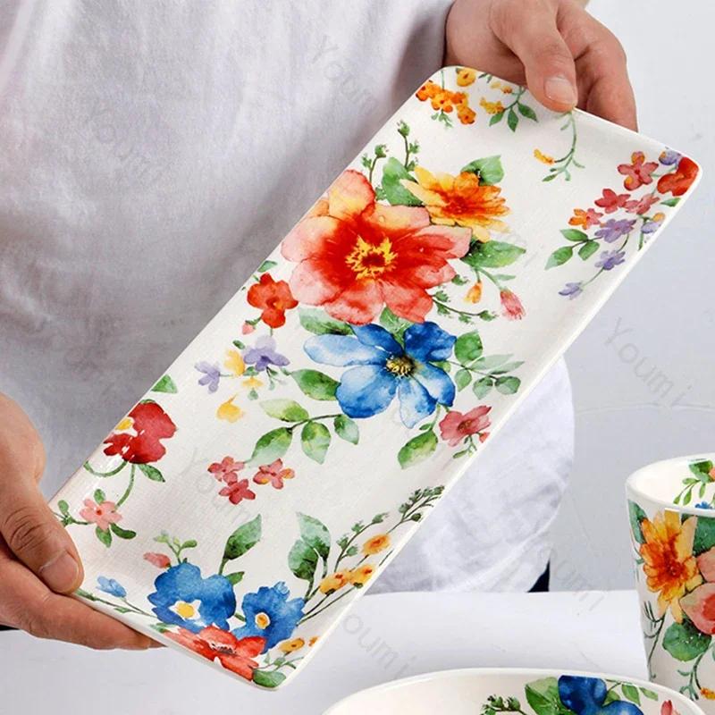 Creative Exquisite Flower Ceramic Plate Home Circular Afternoon Tea Cake Dessert Tray Delicious Dishes Large Soup Bowl Tableware