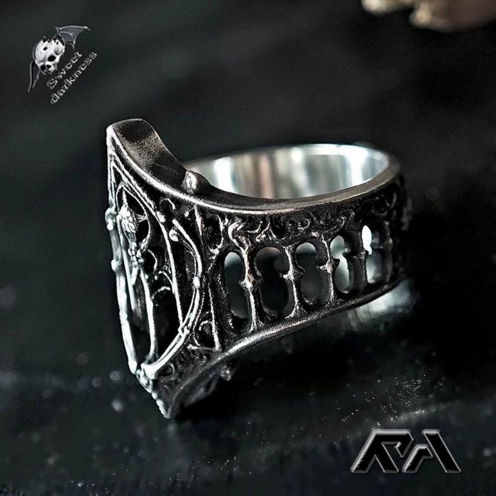 Nieuwe Unisex Geometrische Textuur Kasteel Ring - Klassiek Retro Gotisch Mode Accessoire voor Vakantiecadeau