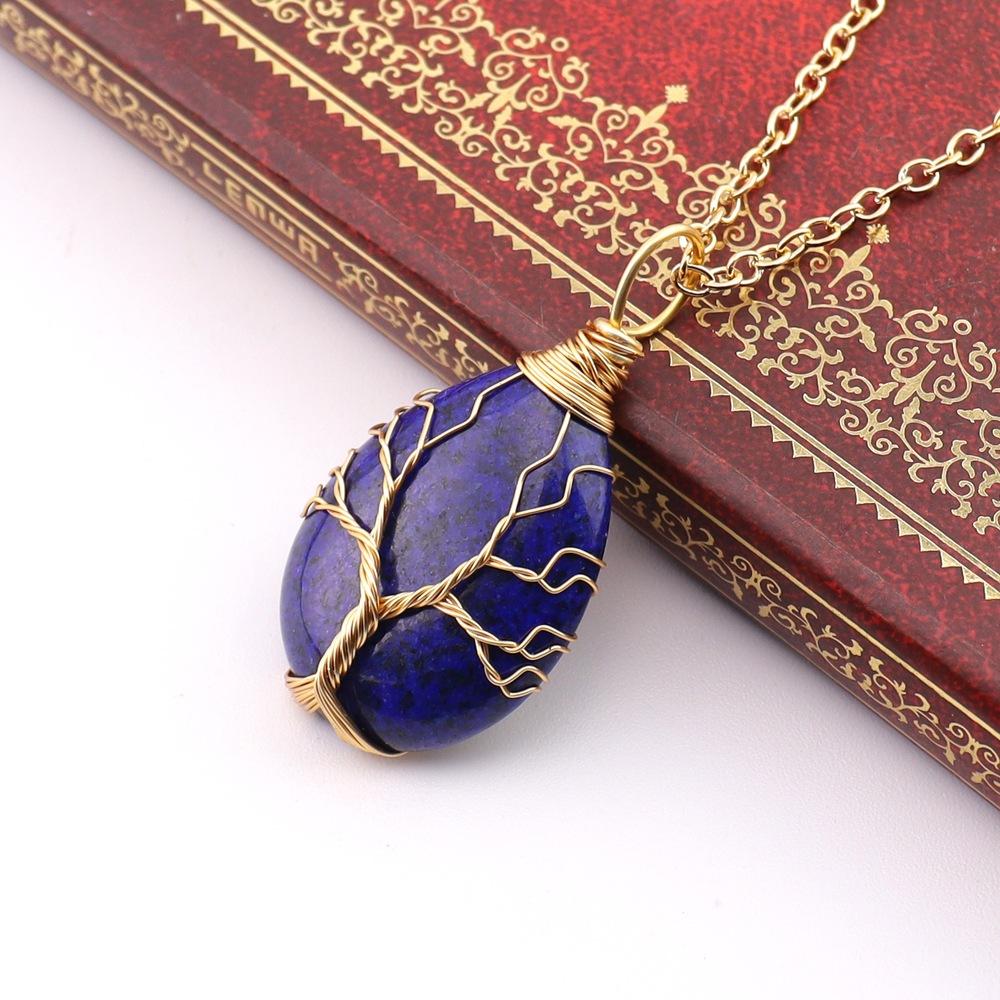 Natural Stone Crystal Agate Water Drop Winding Silk Tree Of Life Pendant Necklace Sweater Chain Water Drop Rough Stone N781