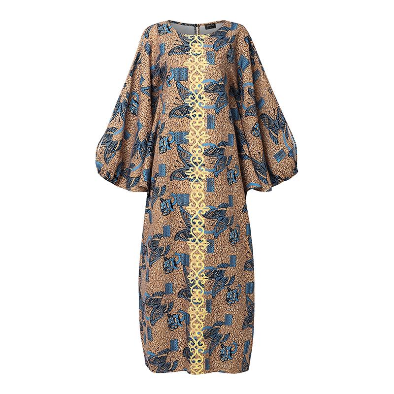 

L-5XL Women O Neck Batwing Long Sleeve Floral Print Casual Loose Maxi Kaftan Dress L хаки
