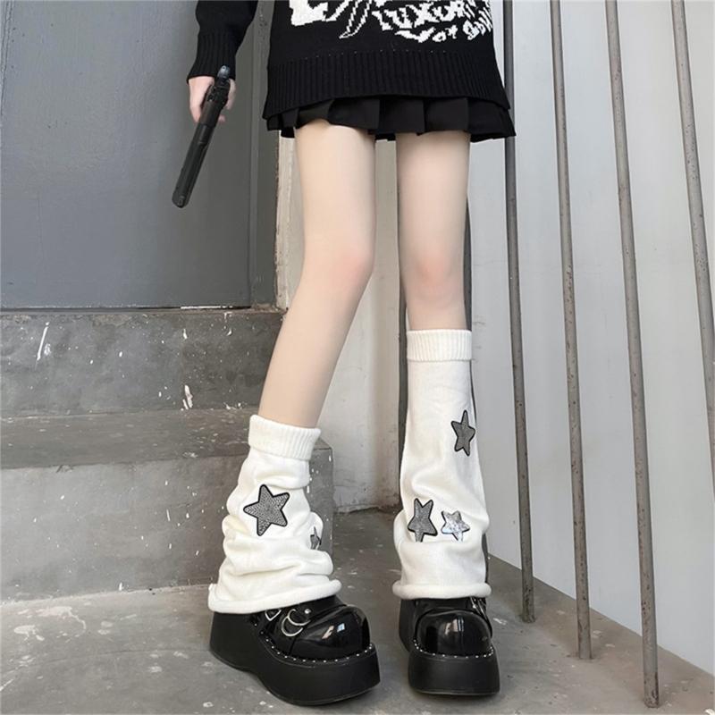 Pierneras Lolita para Niñas Y2K Estrella Tejidas Mangas de Pierna Acampanadas Puño Holgado Gótico Calcetines Tobillo Montón Cubre Pies Uniforme JK