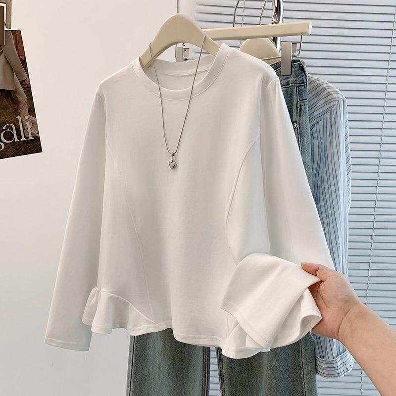 Top Subțire cu Mânecă Lungă, Volane și Gât Rotund, Mărimi Mari, Colecția Toamnă 2025