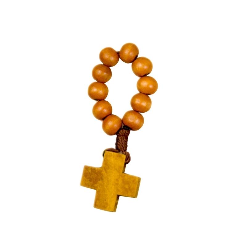 Natural Pine Wood Bead Finger Chain Rosary with Faith Symbol Handcrafted for Baptism and Individual Adornment