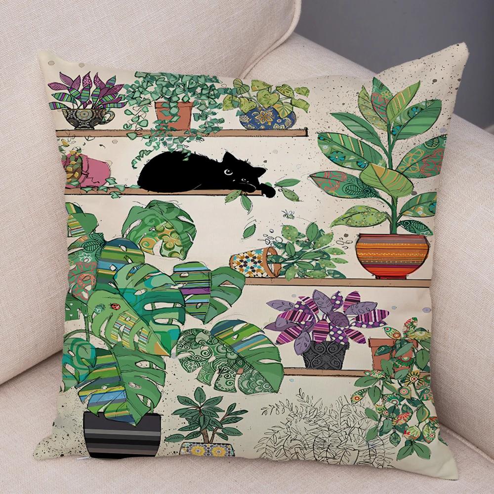Double Print Cute Elegant Black Cat Cushion Cover Decor Cartoon Animal Pillow Case for Sofa Home Car Soft Plush Throw Pillowcase