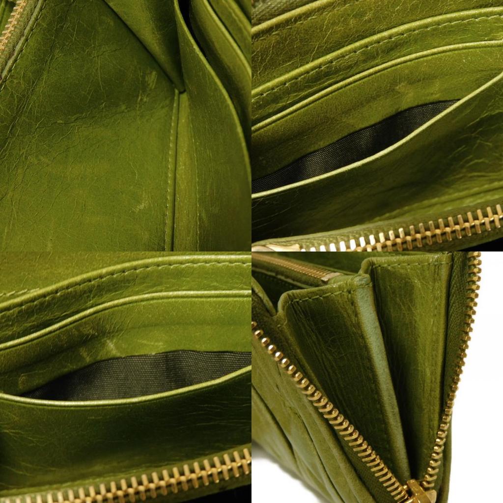 Used Matelasse Zip Around Wallet (12166) with wrinkled L-shaped zipper (5M1183 7940) Logo Metal Light Green Women's