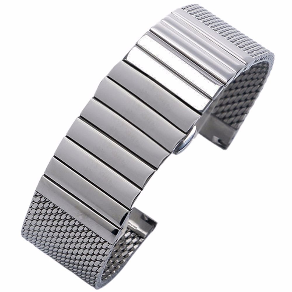 20mm Silver Milanese Mesh Web+Strip Stainless Steel Watch Band Strap Bracelet with Push Button Hidden Clasp Watch Accessory