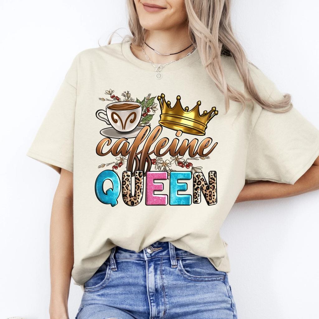 Caffeine Queen T-Shirt Coffee Shop Barista Unisex Tee White Sand Sport Grey