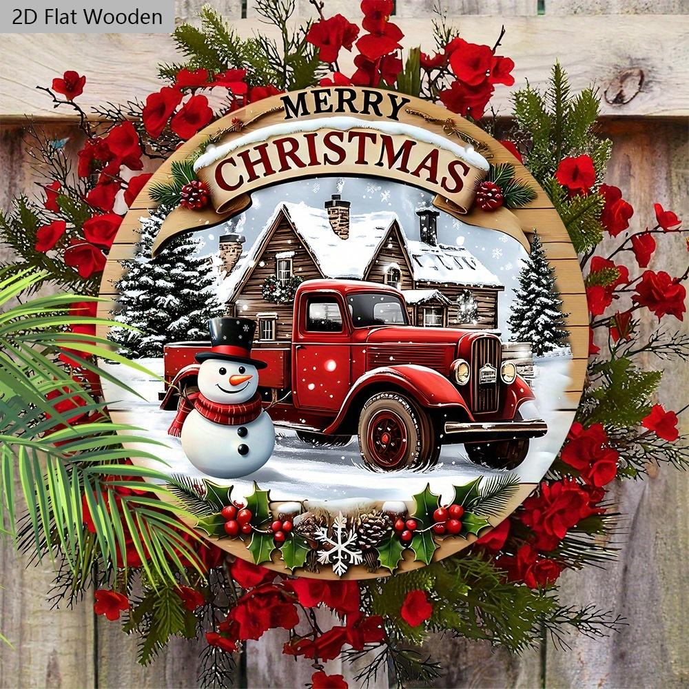 Christmas Wooden Sign with Classic Snowman & House Pattern - Navidad Round Sign for Front Door, Wall Hanging Decor - Ideal Christmas Decoration