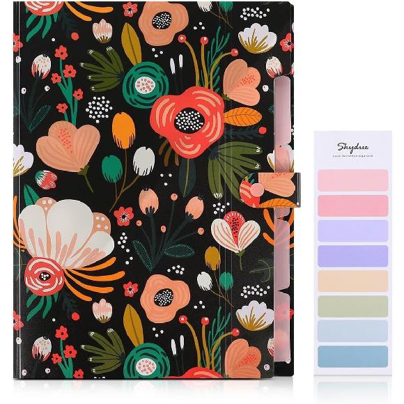 SKYDUE Expanding File Folder with 5 Pockets, Floral Accordion File Organizer for Important Document, Portable Receipt Paper Organizer, School Office