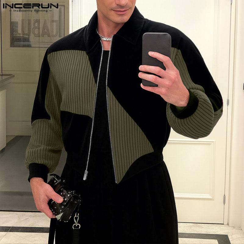 INCERUN Men Long Sleeve Zip-up Stitching Casual Corduroy Coats Jackets