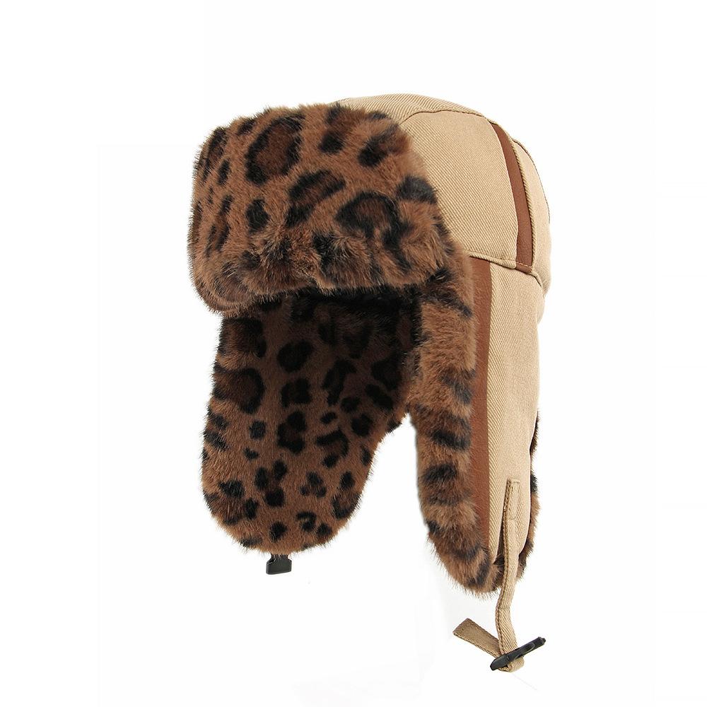 Leopard Plüsch Bombermütze Herren Damen Herbst Winter Dick Winddicht Kalt Skimütze Baumwollmütze Ohrenschutz Reitmütze