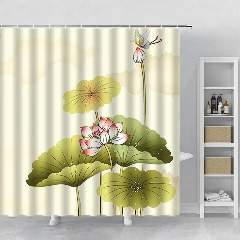 Asian Shower Curtains Sets Natural Cherry Flowers Trees Chinese Japanese Ink Painting Curtain For Bathroom Sakura Fabric Decor