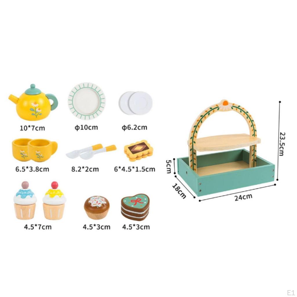 Wooden Tea Party Set with Shelf Tabletop Montessori for Little Ones, Preschoolers,