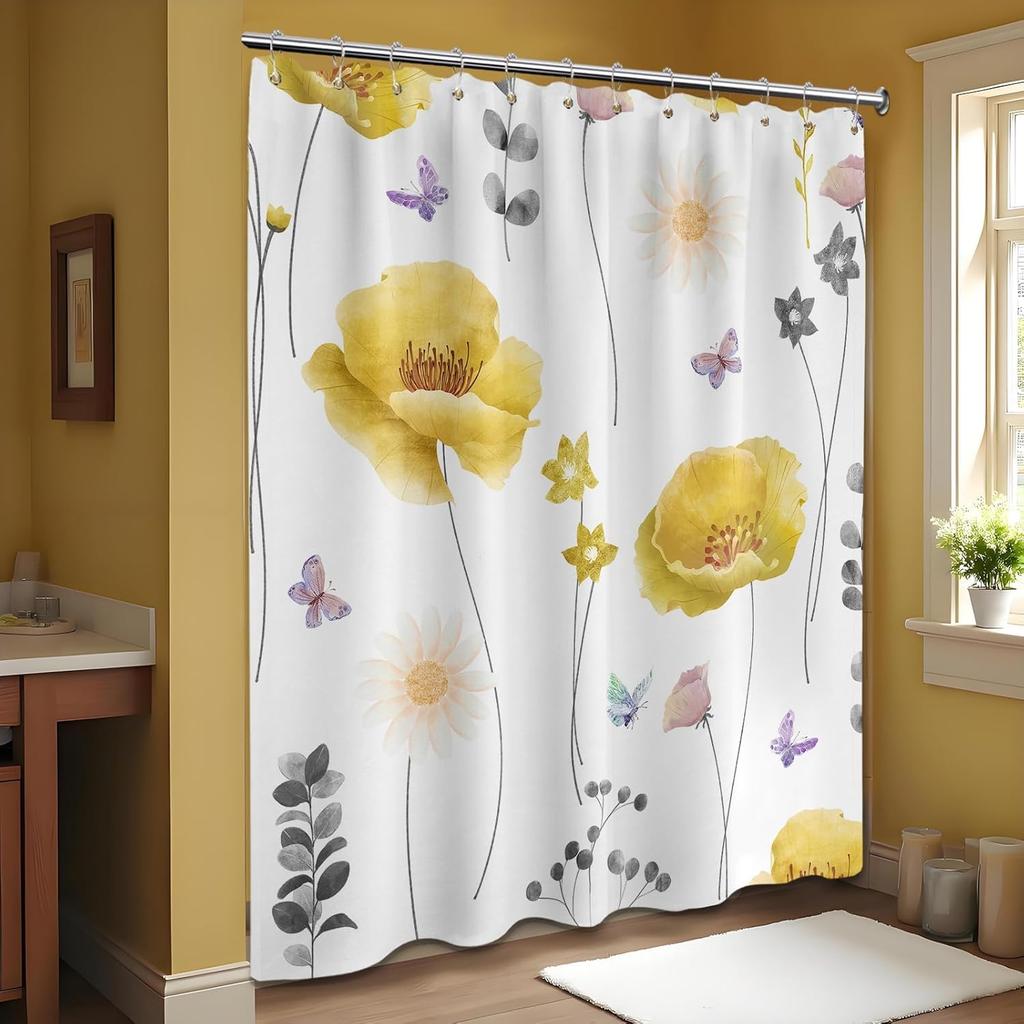 Gelb und Grau Aquarell Blumig Duschvorhang Grau und Gelb Frühling Sommer Modern Minimalistisch Blume Duschvorhänge für Bad