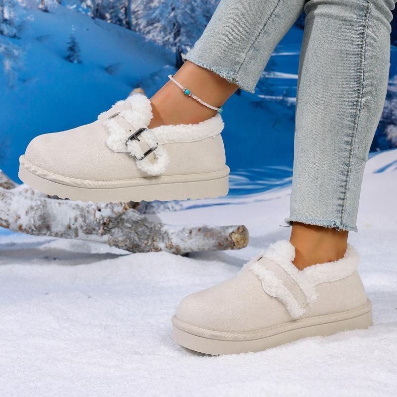 Mode Metall Schnalle Plateau Baumwollstiefel Damenmode Runde Zehenpartie Tiefer Ausschnitt Wildleder Rutschfest Verschleißfest Flats