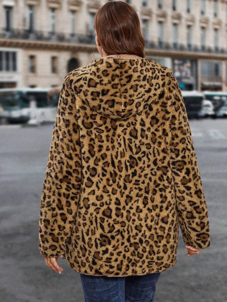Autumn Winter Leopard Print Plush Jacket Women's Loose Hooded Warm Thick