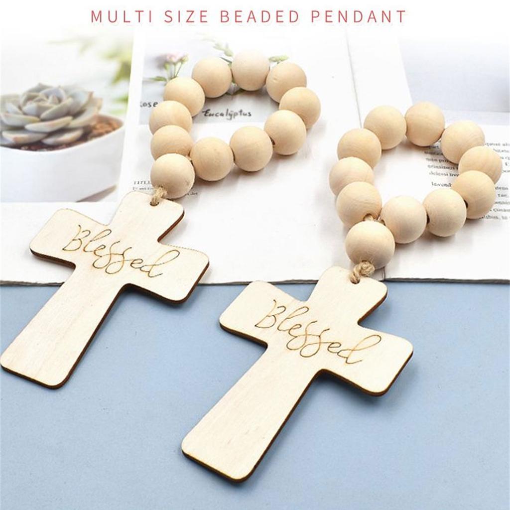 Pingente de cruz com contas de rosário de madeira ornamento religioso cristão pendurado para primeira comunhão batismo presente de batismo