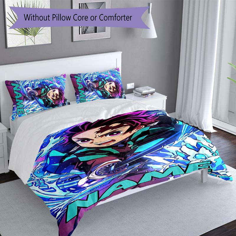 3pcs Custom Name Demon Slayer Tanjiro Set,Includes 1 Duvet Cover and 2 Pillowcases,All-season Bedroom Decor