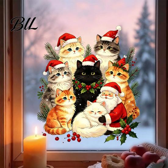 Reusable Glass Stickers Cat Christmas Static Cling Decal, Waterproof PVC Festive Window Sticker, Removable Decorations Easy Apply Decorative for Home