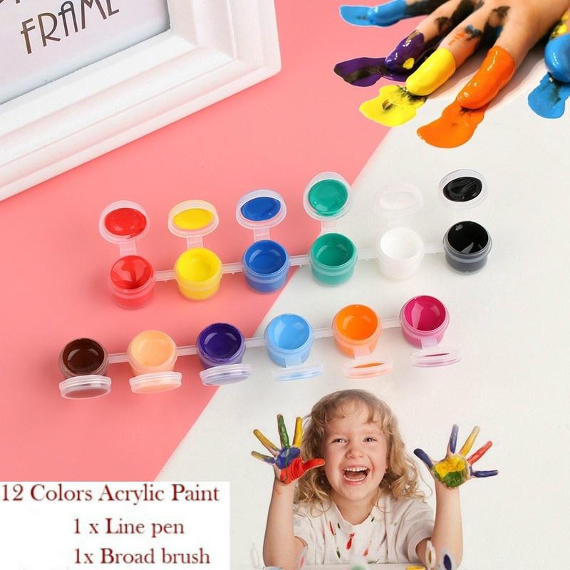 12 farger Profesjonelt akrylmalesett med 2 pensler DIY Håndmalt Kunstmaling Tekstilmaling Kunstmateriell