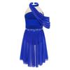 Girls Performance Dress Lyrical Costume Halter Backless Cutout Back Rhinestone Detail Ruched Mesh Draped Skirt