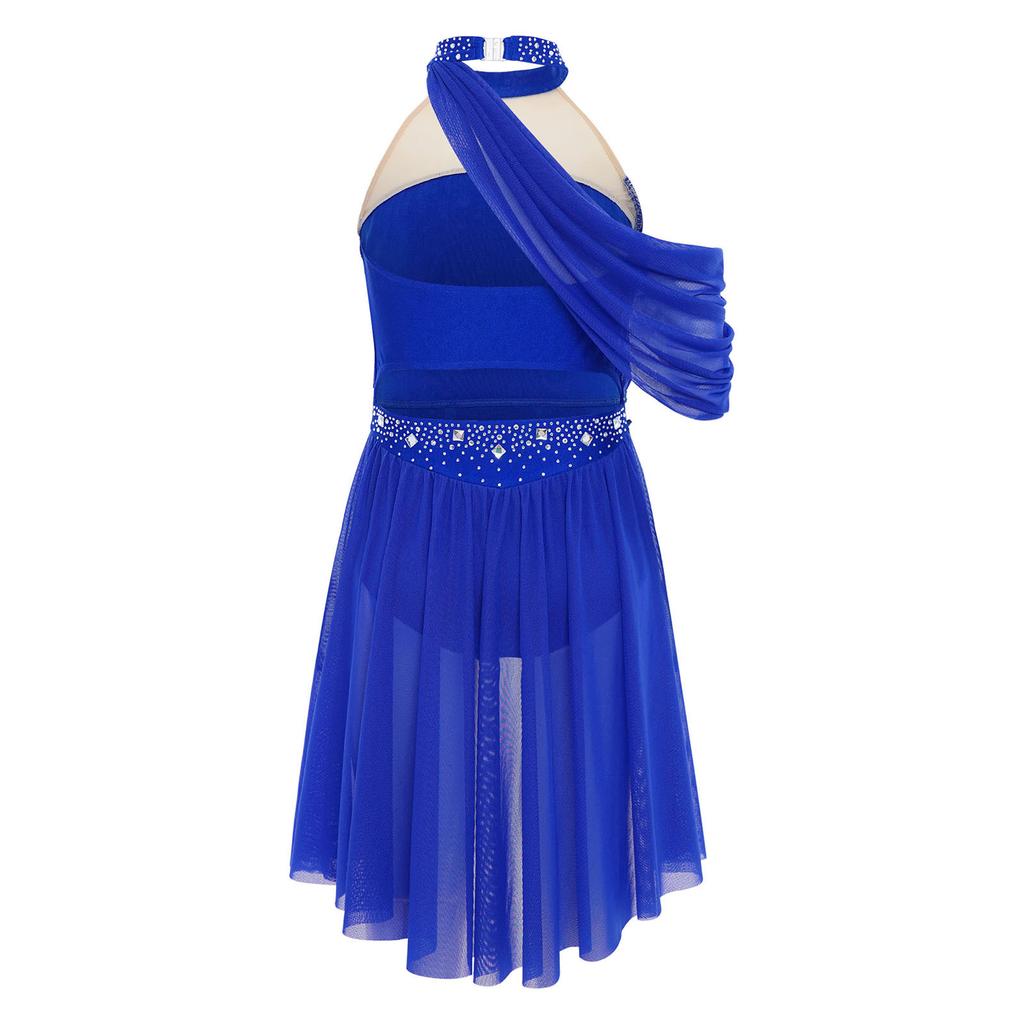 Girls Performance Dress Lyrical Costume Halter Backless Cutout Back Rhinestone Detail Ruched Mesh Draped Skirt