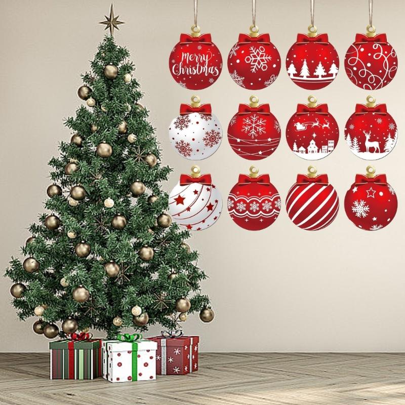 12PCS Wooden Christmas Ball Ornaments Hanging Pendant Festival Home Decoration Decorative Holiday Party Supplies