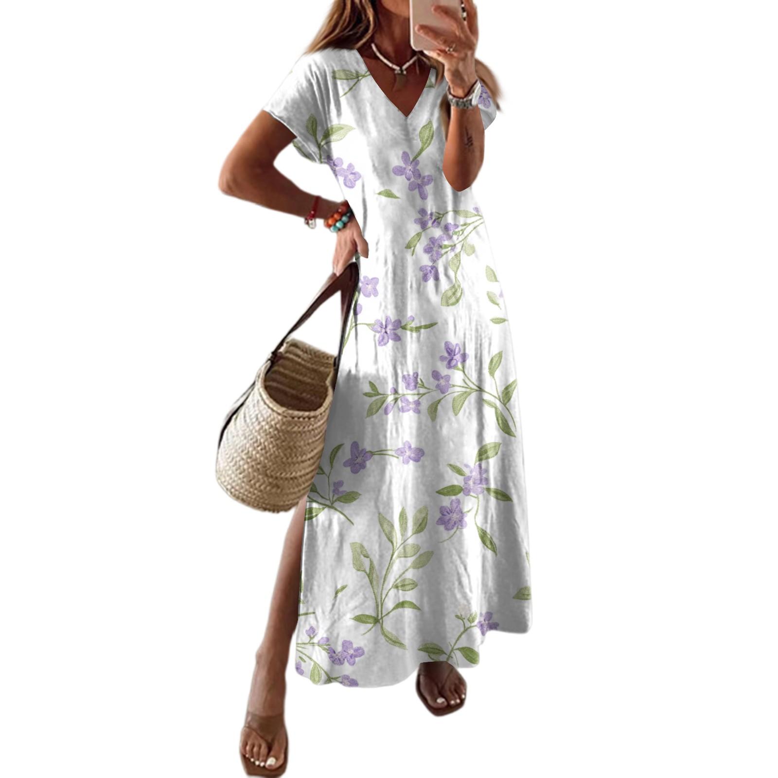 

Women Summer Floral Dress Short Sleeve Beach Dress With Pockets Casual V-Neck Split Long T-Shirt Dress Travel Vacation S