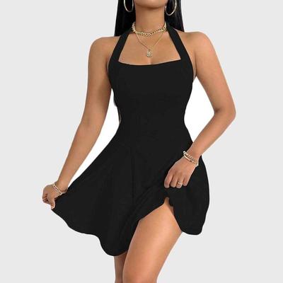 Women Spring Sleeveless Solid Color High Waist Dress Summer A Line Halter Button Long Dress