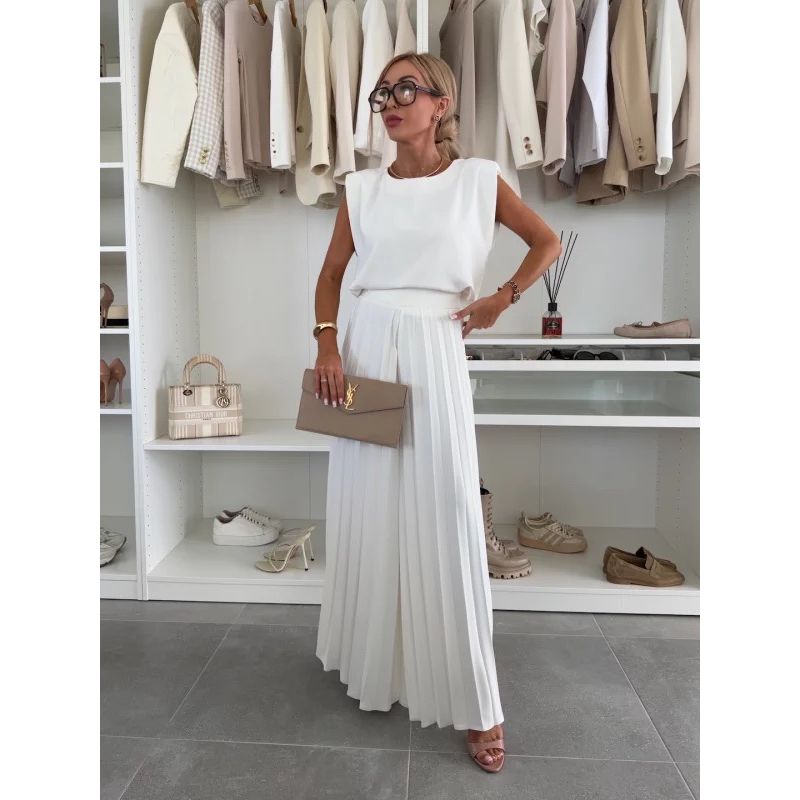 2025 European and American Summer New round Neck Flying Sleeves Top High Waist Pleated Wide Leg Casual Pants Trousers Set Women Suit
