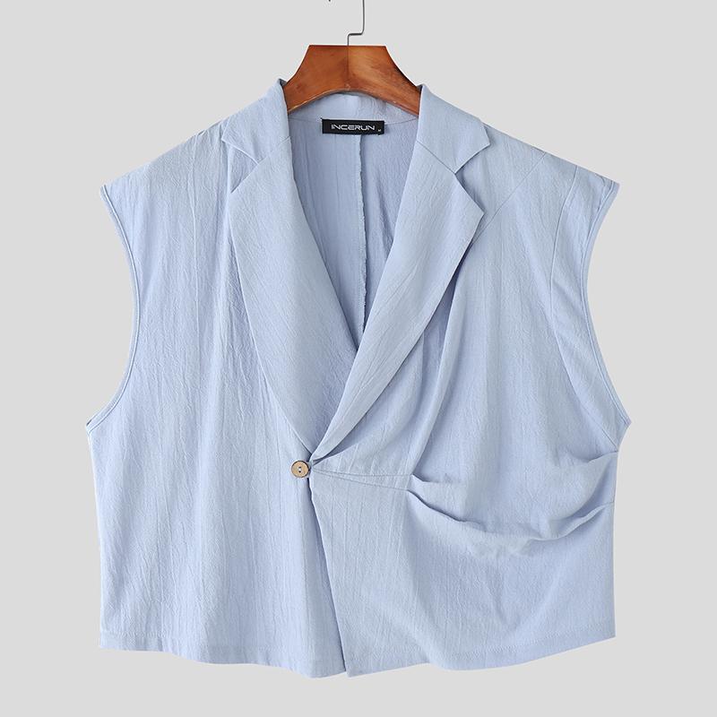 

INCERUN Винтажные мужские топы-майки из хлопка и льна с лацканами, V-образным вырезом, перекрещенной передней частью и одной пуговицей 5XL синий